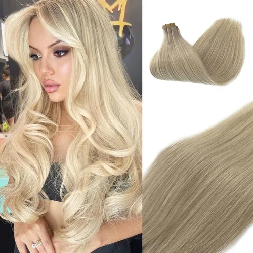 Miniatura 27 de Extensiones adhesivas rubias de cabello humano brasileño grado 9A, #60 rubio platino, cinta en 12 pulgadas, 20 unidades por juego, extensiones