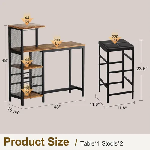 Miniatura 2 de VECELO Bar Table and Chairs Set for 2, 3-Piece Dining Set with Storage Shelves, Cup Holder & Wine Rack, PU Leather Cushion Stools, for Kitchen Small