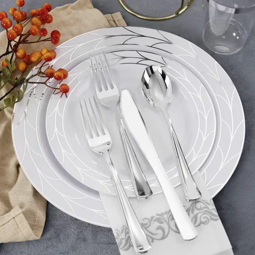 Miniatura 4 de COLOSUS Juego de 175 platos desechables de plástico y cubiertos de Año Nuevo, incluye 25 platos llanos, 25 platos de postre, 25 tazas, 25 Plateado