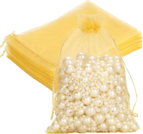 G2PLUS - 25 bolsas de organza doradas de 5 x 7 pulgadas, bolsas de malla transparente para joyería, bolsas de regalo de organza con cordón para