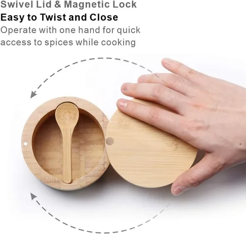 Miniatura 9 de KITCHENDAO Caja de cuenco de sal y pimienta de bambú, doble capacidad de 7 onzas y sótano de sal de bambú, 6 onzas