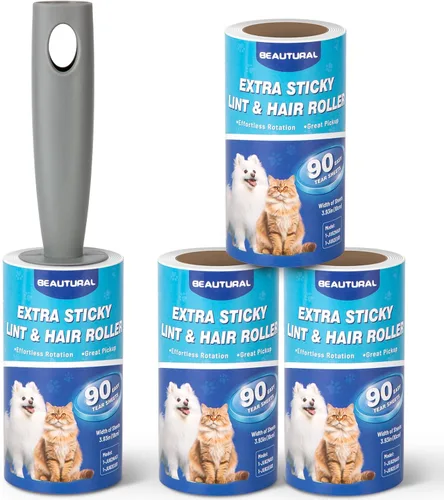 BEAUTURAL Rodillo de pelusa, extra pegajoso, 360 hojas para eliminación de pelo de mascotas, removedor de pelusa de perros y gatos, paquete de 4,