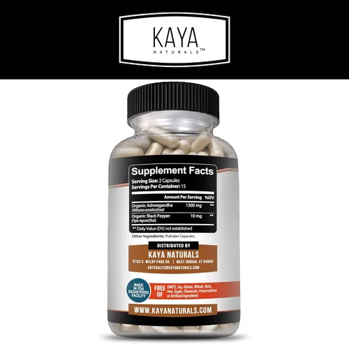 Miniatura 3 de Kaya Naturals Raíz de Ashwagandha con pimienta negra Suplemento adaptógeno de máxima fuerza de 1300 mg, ayuda a la salud suprarrenal, glandular