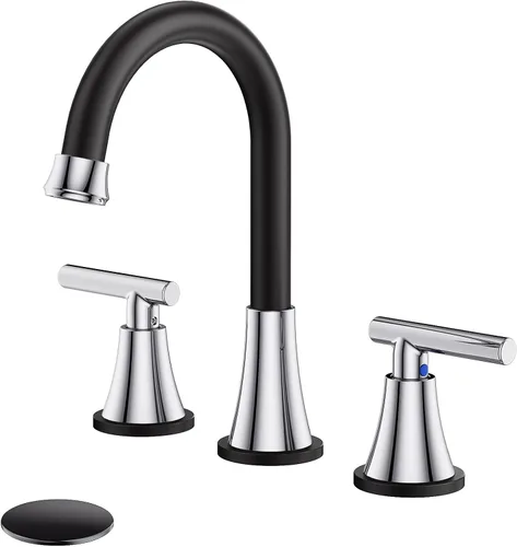 Grifos de baño para lavabo de 3 agujeros, Hurran grifo negro y cromado para lavabo de baño con desagüe emergente y líneas de suministro, grifo de