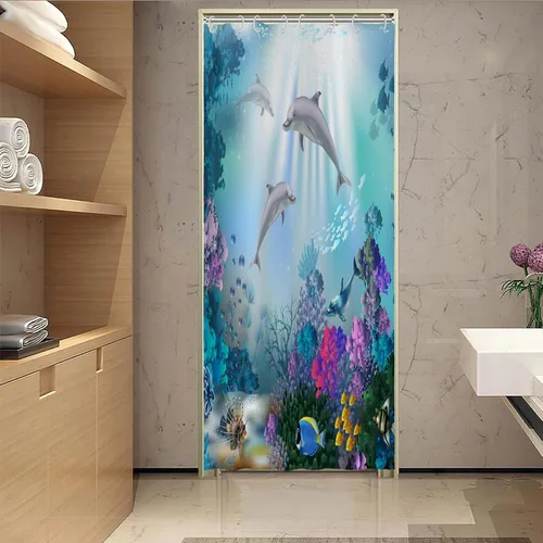 Miniatura 3 de Yeele Cortina de ducha con diseño de delfín, diseño de animales submarinos, tropical, con temática de vida silvestre, océano, azul, para baño