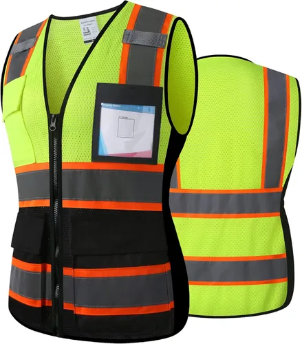 Chaleco de seguridad reflectante de alta visibilidad para hombres y mujeres con bolsillos y cremallera frontal, cumple con los estándares ANSI/ISEA