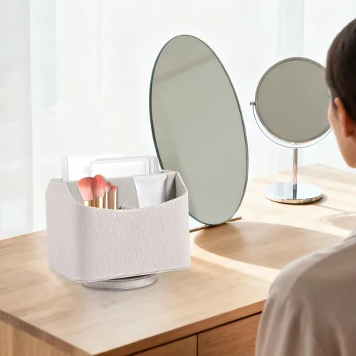 Miniatura 4 de Soporte de cuero para control remoto giratorio de 360 grados, organizador giratorio de escritorio para mandos a distancia de TV, bolígrafo, Beige