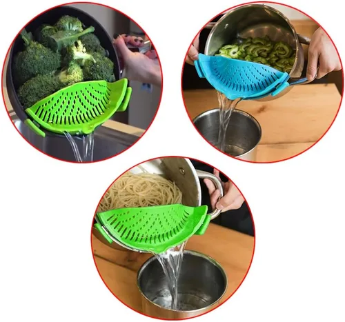 Miniatura 2 de DaKuan - Colador a presión, 2 paquetes de colador de manos libres con clip, resistente al calor, boquilla para pasta, fideos vegetales, olla y sartén