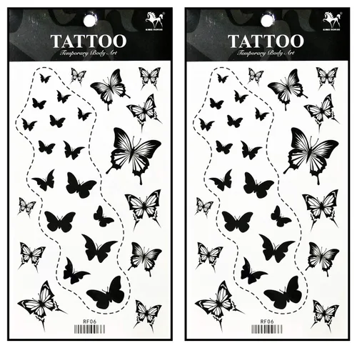 Tatuajes 2 hojas de tatuaje temporal 3D negro mariposa líneas discontinuas para mujeres hombres espalda baja hombro cuello brazo tatuaje etiqueta