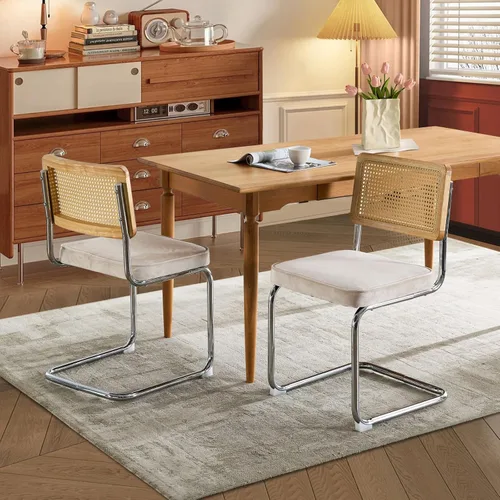Miniatura 2 de Juego de 2 sillas de comedor de ratán, sillas de comedor modernas tapizadas de mediados de siglo con respaldo de caña, sillas de cocina de Beige