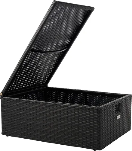 SAFAVIEH Juego de sofá Pramla y otomana para exteriores - Negro y beige - Marco de acero con cojín - Diseño de almacenamiento costero - Ideal para