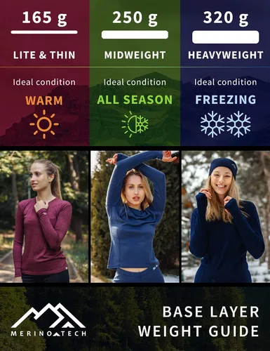 Miniatura 2 de Merino.tech Conjunto de capa base de lana merino para mujer, ropa interior térmica ligera de lana merino de peso medio para mujer, parte superior e