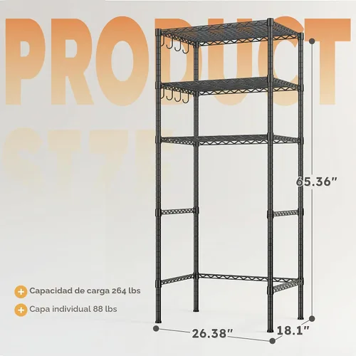 Miniatura 3 de REIBII Mini estante para refrigerador de 3 niveles con almacenamiento, estantería de metal de 264 libras con 8 ganchos, organizador de altura