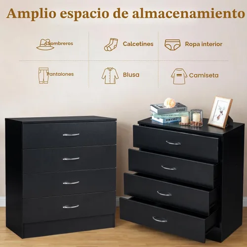Miniatura 8 de Karl home Cómoda negra de 4 cajones para dormitorio, cómoda moderna de almacenamiento con cajones, mesa auxiliar de madera, mesa de noche, sala