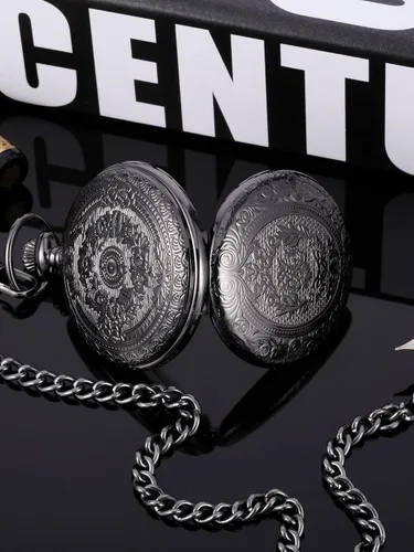 Miniatura 6 de Reloj de bolsillo de cuarzo para hombre con esfera negra y cadena