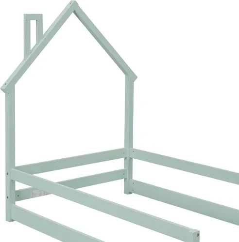 Miniatura 6 de Cama de plataforma de madera de tamaño individual con cabecero y cercas en forma de casa, sin tablillas, cama de piso para dormitorio de niños Verde