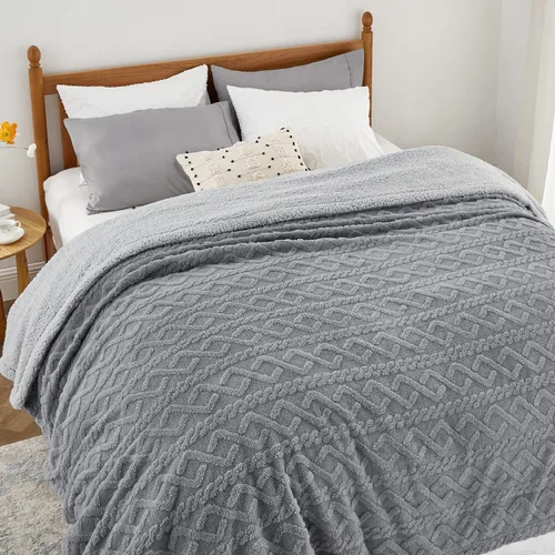 Miniatura 2 de Bedsure Manta de cable Sherpa tamaño Queen (gris y beige)
