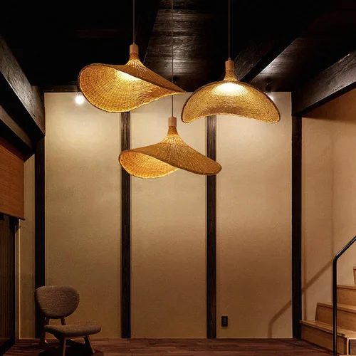 Miniatura 7 de Lámpara colgante de bambú, lámpara de nido de pájaro artístico, sombrero, luz colgante de techo con cable ajustable para sala de estar, comedor, bar