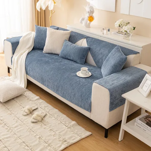 Miniatura 4 de vctops funda de sofá de chenilla suave con textura de tejido sólido a rayas, funda seccional para sofá lavable antideslizante para perros y Azul