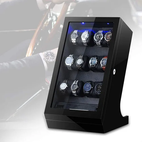 Miniatura 7 de TEEMING Caja de almacenamiento automática para 12 bobinadoras de relojes + 2 vitrinas de relojes, funda giratoria para relojes, motor silencioso