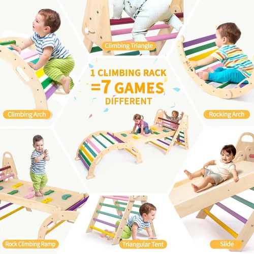 Miniatura 8 de Juego de triángulos de Pikler extragrande 7 en 1, juguetes de escalada para interiores para niños pequeños, juego de escalada Montessori de madera