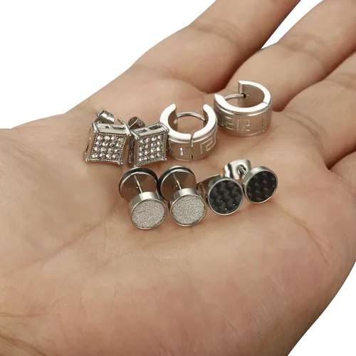 Miniatura 6 de JOERICA 4 pares de aretes de acero inoxidable con circonita cúbica para hombres y mujeres, Acero inoxidable, circonita