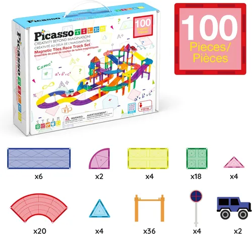 Miniatura 7 de PicassoTiles Juego de construcción de pista de carreras de 100 piezas magnéticas con coches LED, carreteras ajustables y señales, kit de juguete