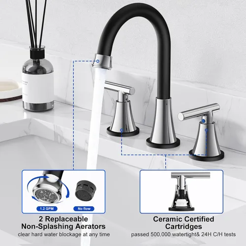 Miniatura 4 de Grifos de baño para lavabo de 3 agujeros, Hurran grifo negro y cromado para lavabo de baño con desagüe emergente y líneas de suministro, grifo