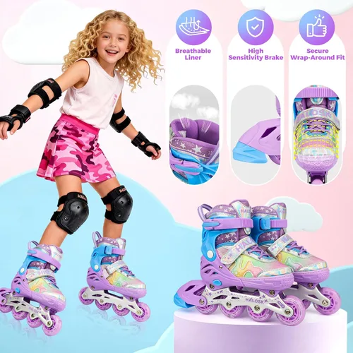 Miniatura 4 de Patines en línea para niñas y niños con ruedas iluminadas, patines de hoja ajustable, estrella de purpurina degradada con forro cómodo transpirable