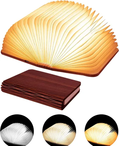 Luz de Libro de Madera, Luz Nocturna LED Portátil de 3 Colores, Luz de Libro Plegable Decorativa, Lámpara de Papel en Forma de Libro para Decoración
