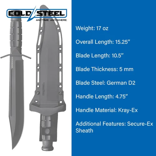 Miniatura 5 de Cuchillo de hoja fija Cold Steel Leatherneck Bowie de 10.5", con hoja alemana D2 de filo de navaja, mango Kray-Ex duradero de 4.75", táctico