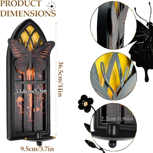 Miniatura 3 de Juego de 2 candelabros góticos de pared, de hierro con mariposa y luna, con bandejas extraíbles para velas cónicas y pilares, jardín romántico