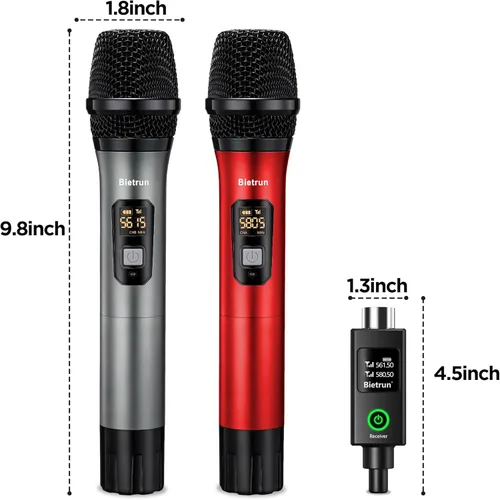 Miniatura 8 de Bietrun Micrófono Inalámbrico XLR, Conjunto de Micrófono Dinámico de Metal Portátil Dual UHF con Receptor Recargable, Adaptador XLR a 1/4