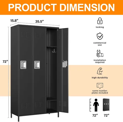 Miniatura 3 de Armario de almacenamiento de metal con cerradura de 50 pulgadas para empleados, hogar, oficina, escuela, requiere montaje (puerta de malla negra)