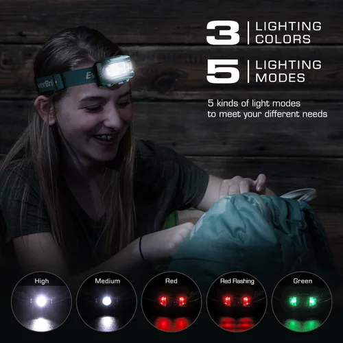 Miniatura 2 de EverBrite Faros delanteros, paquete de 2 faros para niños con luz roja y función de memoria, lámpara de cabeza para adultos y niños con 5 modos, Azul