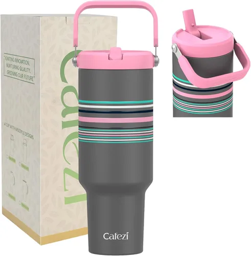 Miniatura 43 de Vaso de 30 onzas con tapa y pajita, vasos de acero inoxidable con aislamiento al vacío con pajita plegable y asa superior, botella de agua aislada