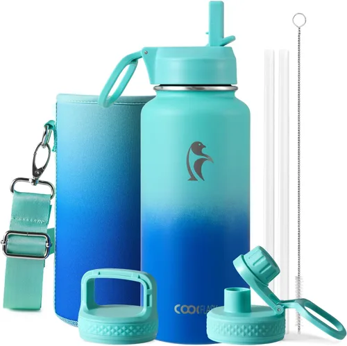 Miniatura 110 de Coolflask Botella de agua de 20 onzas aislada con pajilla, 3 tapas de metal de acero inoxidable, botella de agua de boca ancha para deportes u