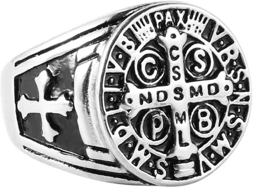 HZMAN Anillo de exorcismo de San Benito para hombres y mujeres plata de acero inoxidable cruz católica romana protección de demonios cazador de