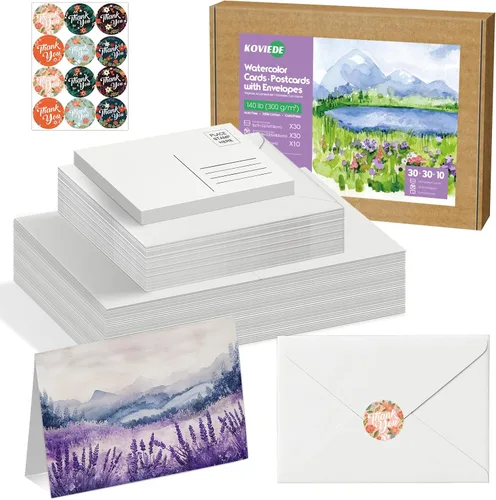 Miniatura 10 de Paquete de 50 tarjetas de acuarela plegables en blanco con sobres de 4 x 6 pulgadas, 140 lb peso pesado, 100% algodón, blanco, sin ácido, tarjetas