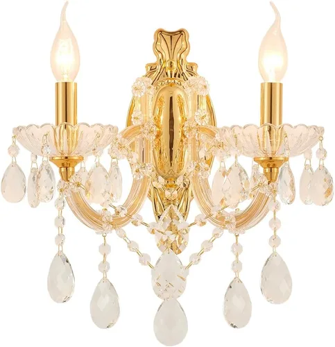 Miniatura 13 de YLONG-ZS Aplique de pared de cristal de campo francés, 2 luces envejecidas estilo vela de oro blanco con cristales de lágrima, decoración