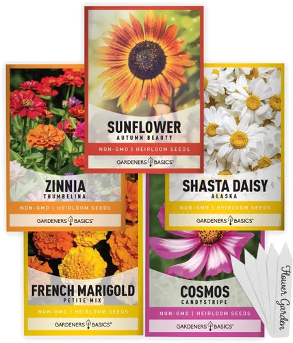 Gardeners Basics, Semillas de jardín de flores para plantar al aire libre semillas de flores (paquete de 5 variedades) margarita, caléndula, cosmos,