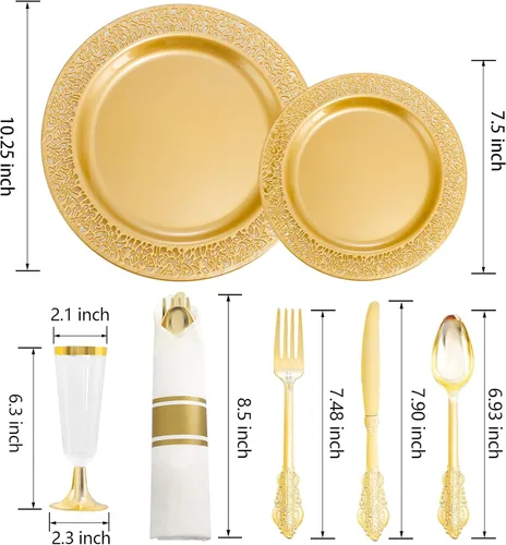 Miniatura 7 de DaYammi 210 platos desechables de oro sólido con cubiertos y tazas, platos de plástico dorado para fiesta incluyen: 30 platos llanos, 30 platos