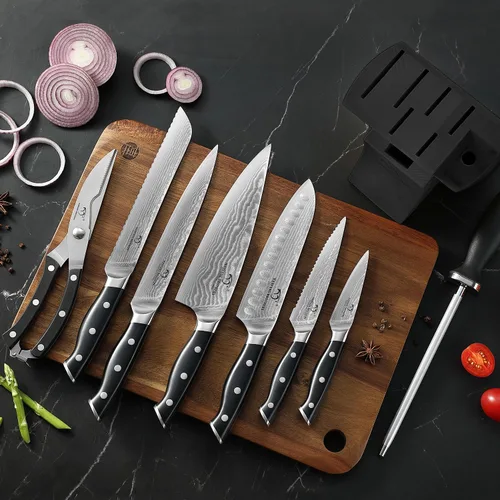 Miniatura 5 de NANFANG BROTHERS Juego de cuchillos de cocina de Damasco de 9 piezas con bloque, mango ergonómico ABS para juego de cuchillos de chef, afilador