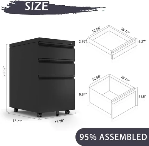 Miniatura 3 de Archivador rodante con cerradura, archivador de almacenamiento de oficina de 3 cajones para tamaño carta, archivador de metal de acero para oficina