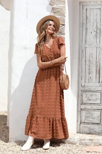 Miniatura 2 de PRETTYGARDEN - Vestido bohemio de manga corta con cuello en V y plumetí con volantes vestido maxi fruncido de cóctel