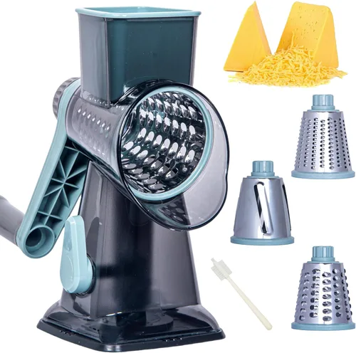 Rallador Giratorio de Queso Triturador de Queso, Rallador de Queso de Mano con Base de Succión Fuerte, Rebanador de Verduras de Cocina, 3 Cuchillas
