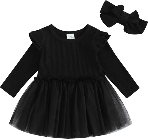 Maemukilabe Infant Newborn Baby Girl Ruffle Sleeve Dress Romper 2Pcs Tulle Bodysuit Headband Set Christmas Halloween Clothes