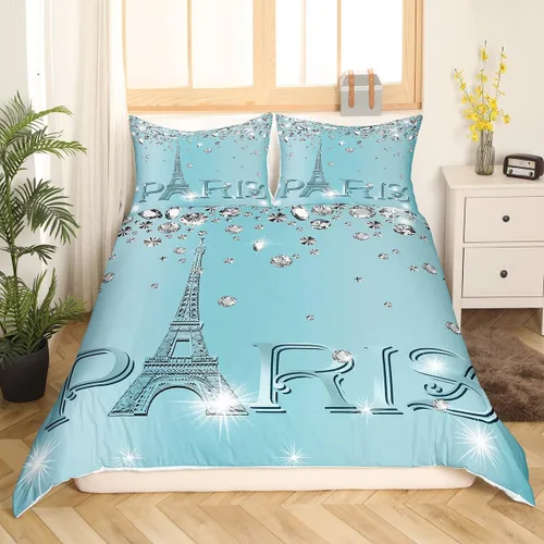 Miniatura 23 de Erosebridal Funda de edredón de la Torre Eiffel para niñas, juego de ropa de cama romántica de París azul, negro y blanco, funda de edredón
