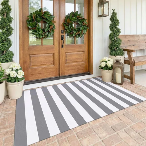 Miniatura 15 de KOZYFLY Alfombra a rayas blancas y negras de 2 x 3 pies, tejido de algodón, lavable, para interiores y exteriores, alfombra pequeña para puerta