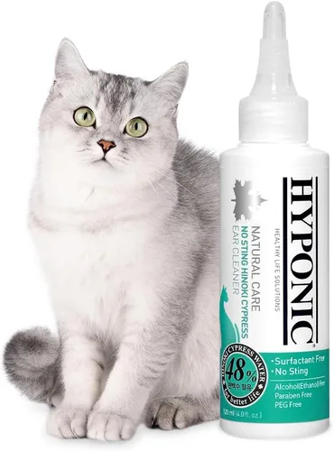 HYPONIC Limpiador de oídos de ciprés Hinoki sin picaduras (para todos los gatos, 4.06 onzas), solución de limpieza de oídos de gato, limpia y